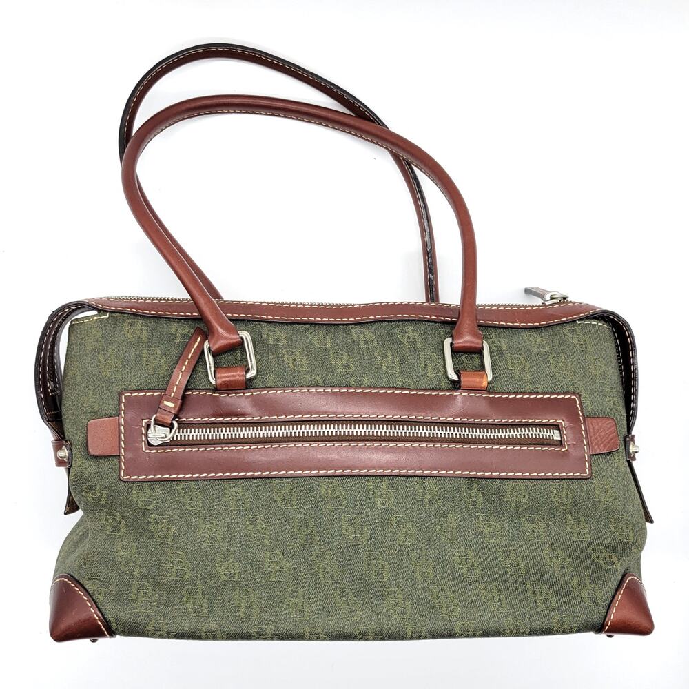Dooney & Bourke Green Signature Logo Canvas Leather Double Pocket Tote Bag Purse - Picture 2 of 14